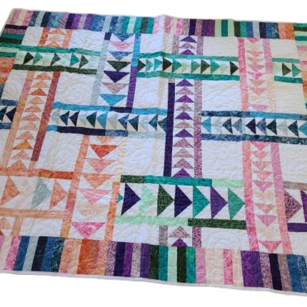 Handmade quilt arrows triangles and stripes multicolor cotton approx 57